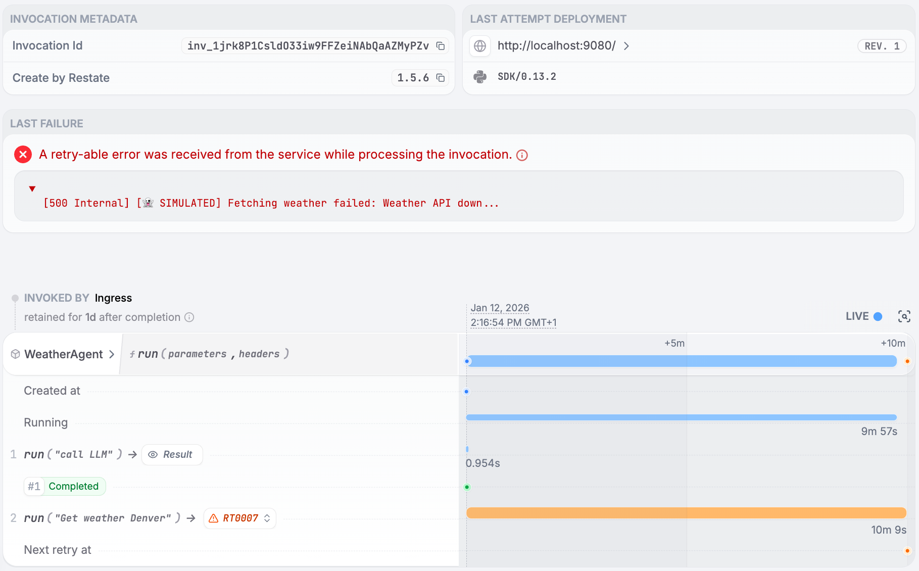 Restate UI showing weather agent retries