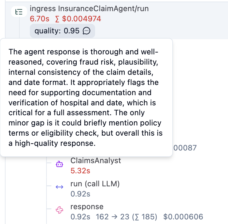 LLM-as-a-Judge quality score on claim trace